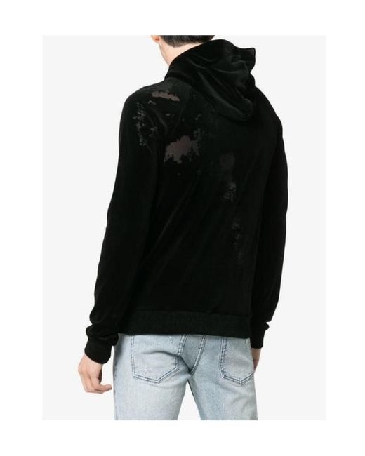 Saint Laurent Black Distressed Effect Drawstring Velvet Hoodie for men
