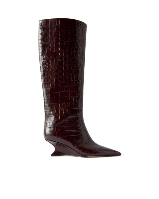 Paris Texas Brown Croc-Effect Leather Knee Boots