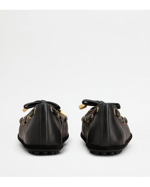 Tod's Black Bow-Detailred Round-Toe Flat Shoes