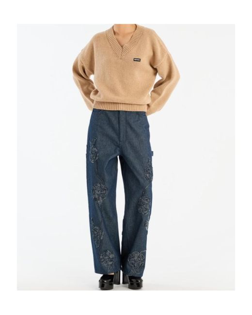 ROTATE BIRGER CHRISTENSEN Natural V-Neck Wool Sweater