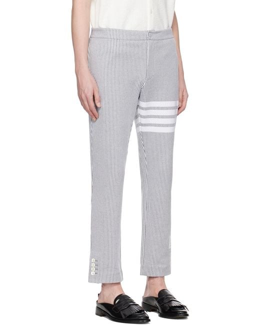 Thom Browne Gray 4-Bar Seersucker Tailored Trousers for men