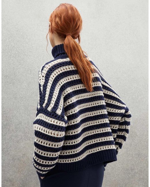 Brunello Cucinelli Blue Stripe-Print Turtleneck Jumper