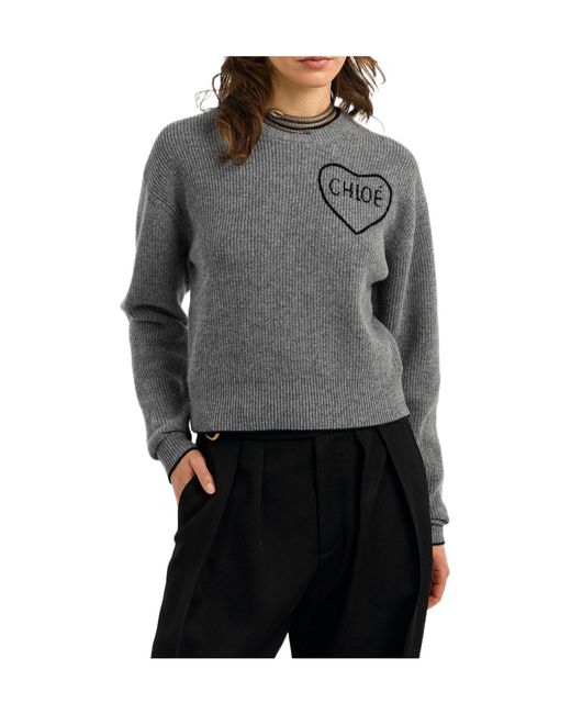Chloé Gray Crew-Neck Knit Sweater