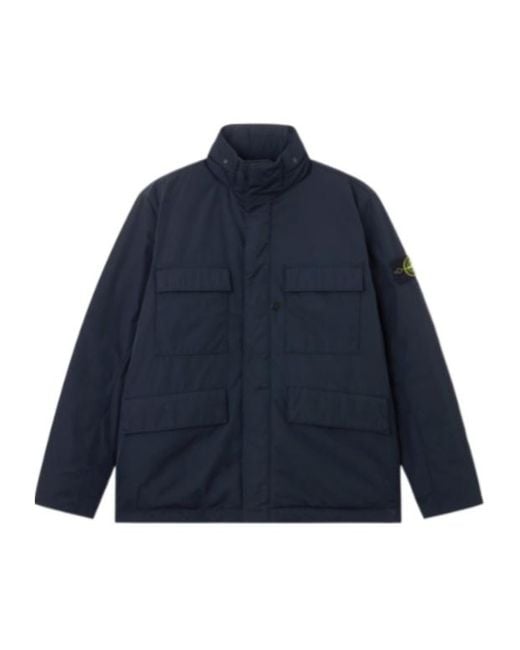 Stone Island Blue Hooded Jacket With Drawstring And Snap Closure For for men