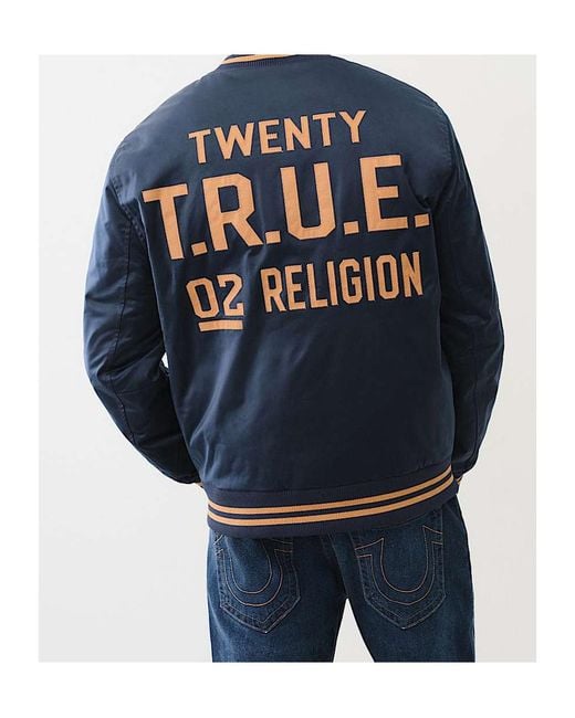True Religion Blue Satin Embroidered Bomber Jacket for men