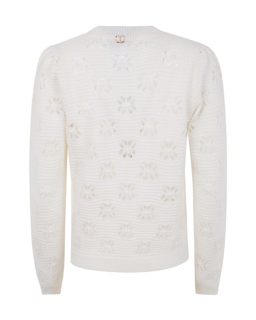 Twinset White Floral-Pattern Crewneck Knitted Jumper