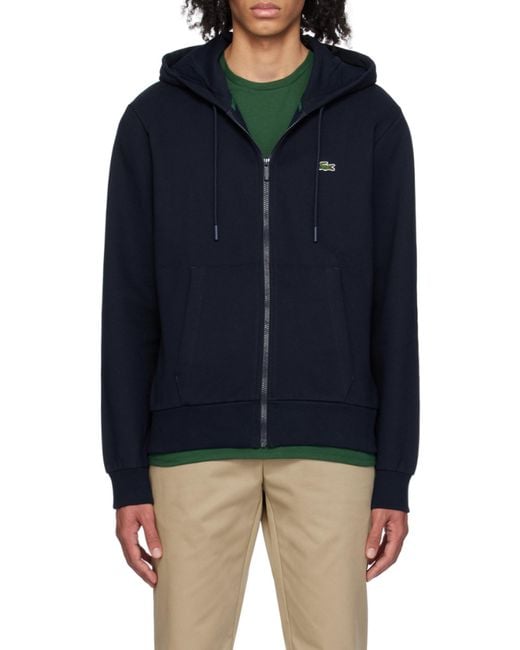 Lacoste Blue Logo Patch Zip-Up Drawstring Hoodie for men
