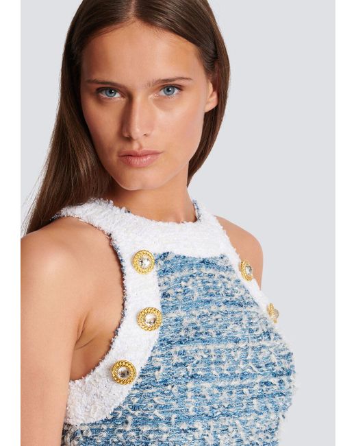 Balmain Blue Fringed Denim Tweed Dress