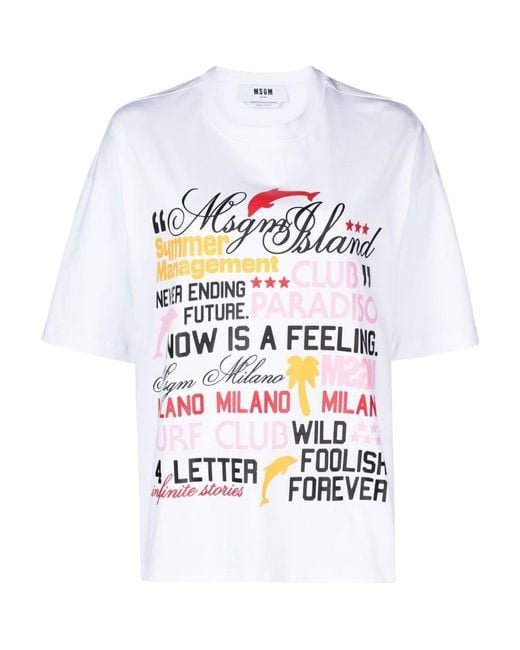 MSGM White Graphic-Print Cotton T-Shirt