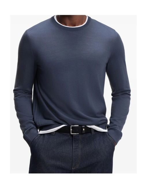 Boss Blue Crew-Neck Wool Pullover for men