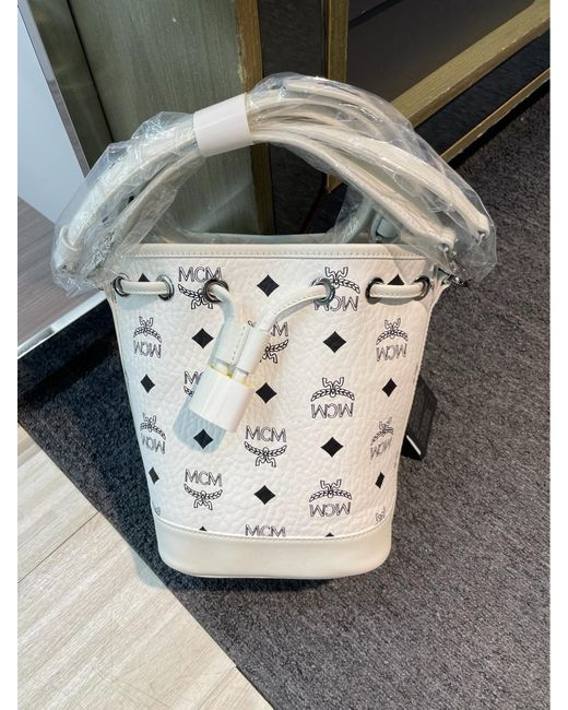 MCM White Dessau Drawstring Mini Tote Bag