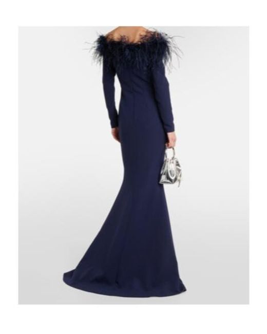 Safiyaa Blue Starlana Feather-Trimmed Off-Shoulder Gown