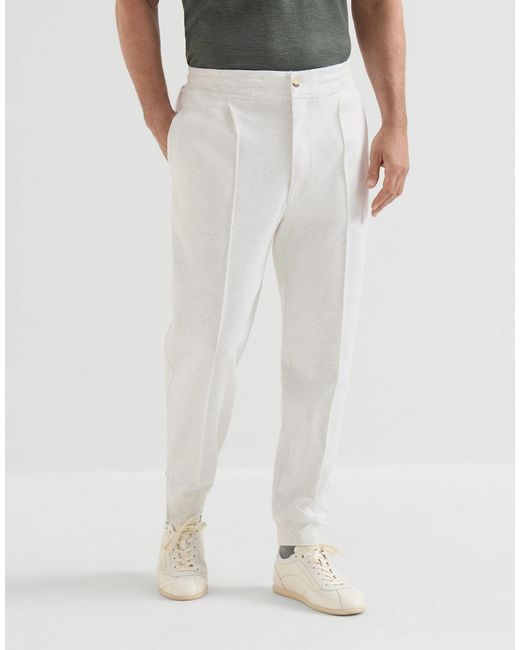 Brunello Cucinelli White Techno Cotton French Terry Double Cloth Trousers for men