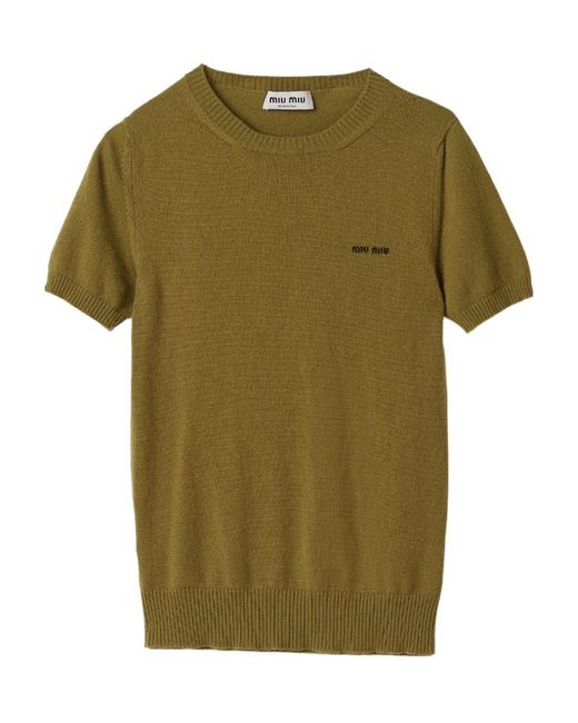 Miu Miu Green Logo Intarsia Knitted Short-Sleeved Pullover