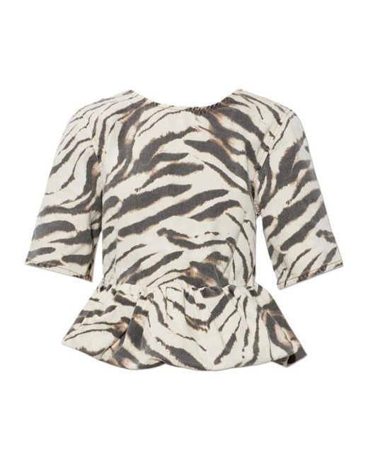 Ganni White Peplum Zebra Print Top