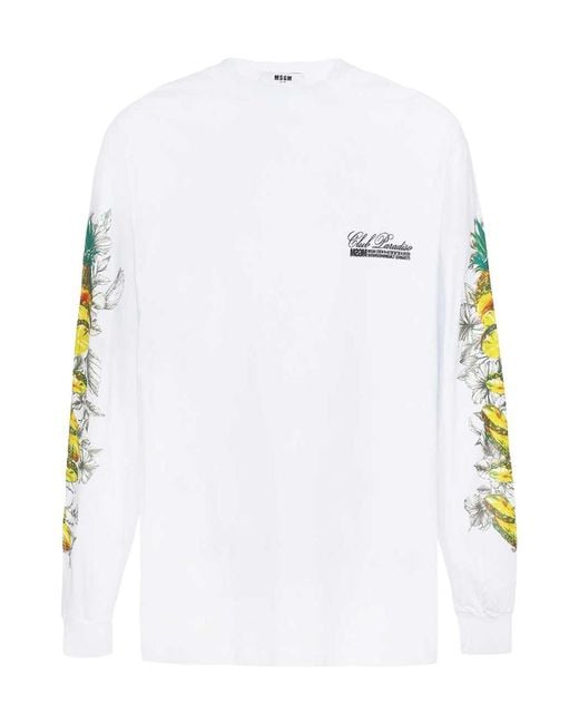 MSGM White Club Paradiso Print Long-Sleeve T-Shirt for men