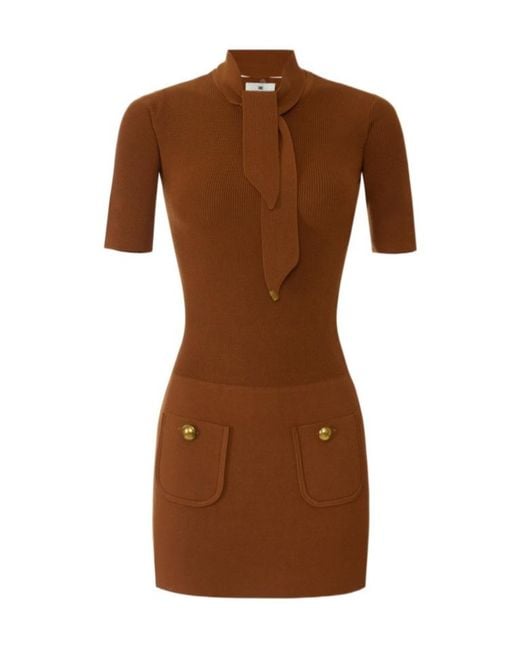 Elisabetta Franchi Brown Ribbed Mini Knitted Dress