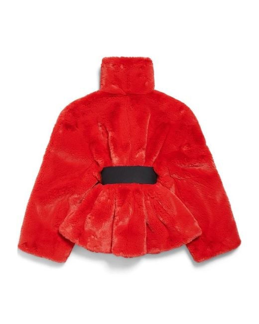 Balenciaga Red Belted Faux Fur Coat