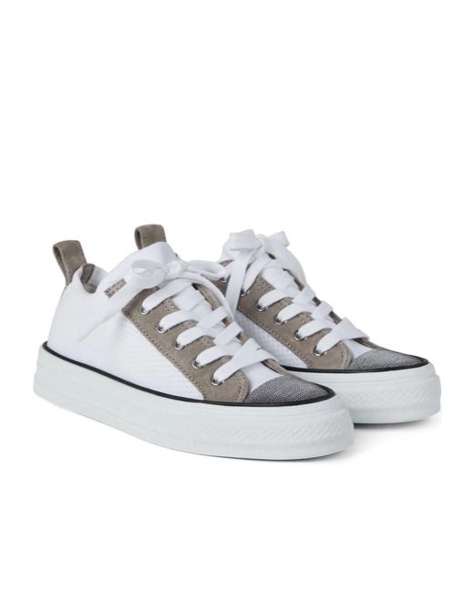 Brunello Cucinelli White Monili-Detailed Panelled Lace-Up Sneakers