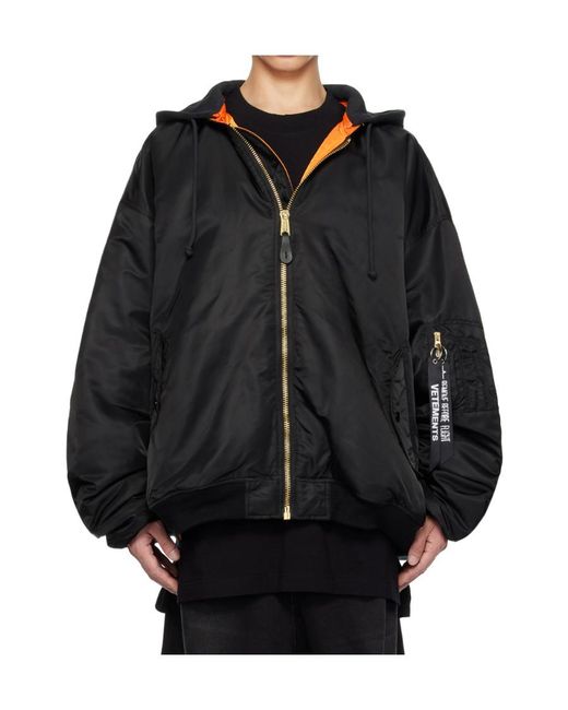 Vetements Black Hooded Bomber Jacket for men