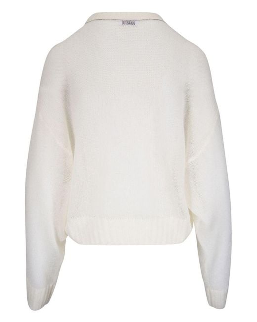 Brunello Cucinelli White Ribbed Crewneck Sweater