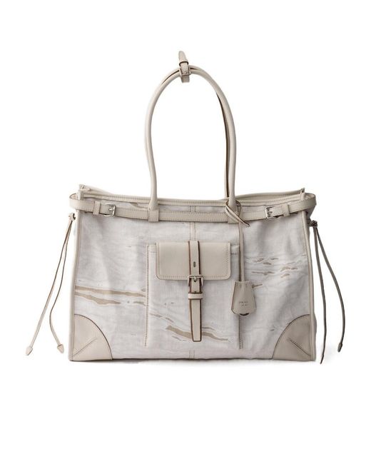 Prada Gray Bonnie Extra-Large Printed Linen And Leather Tote Bag