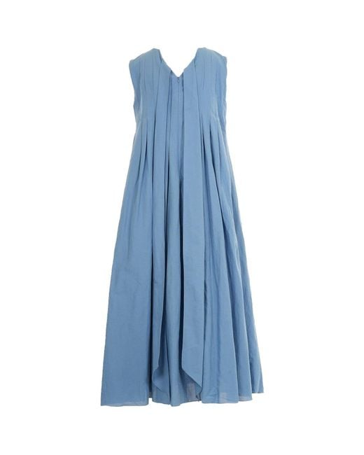 Max Mara Blue 'S Piega V-Neck Pleated Sleeveless Dress