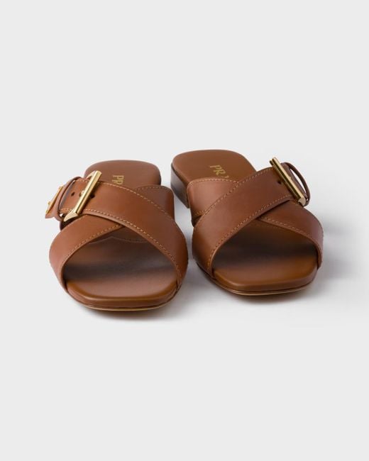 Prada Brown Logo Plaque Buckled Sandals