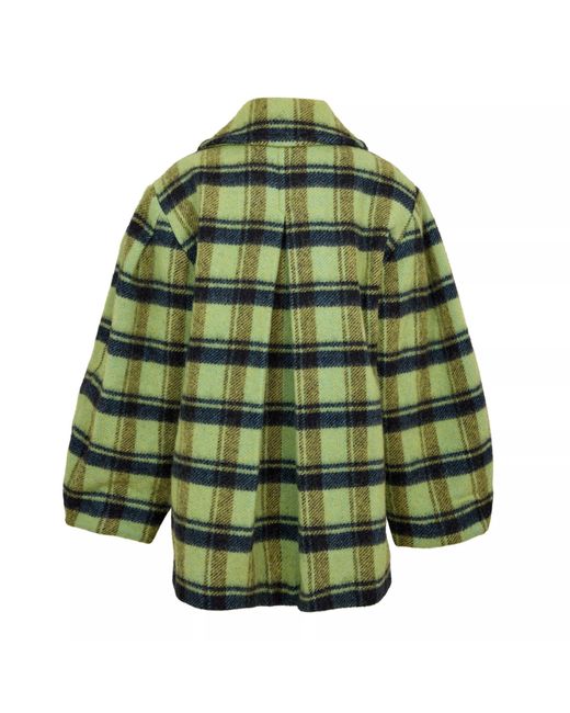Ganni Green Brushed Wool Check Teddy Coat