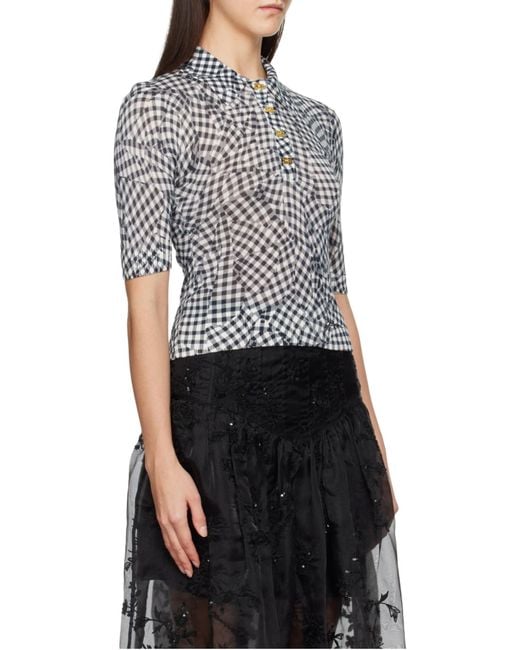 Ganni Black Sheer Printed Checked Polo Shirt