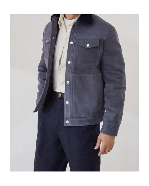 Brunello Cucinelli Blue Shearling-Collar Flap-Pocket Jacket for men