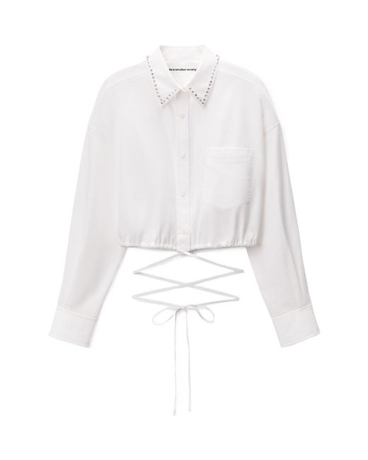 Alexander Wang White Crystal Studded Collar Wrap Shirt