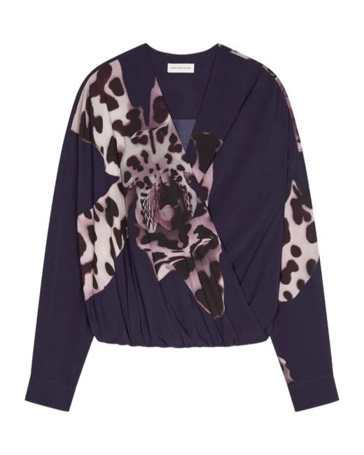 Dries Van Noten Blue Pattern-Printed Draped Top