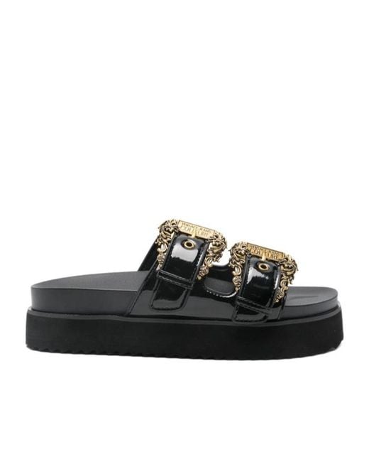 Versace Jeans Black Couture Baroque Buckle Platform Slides