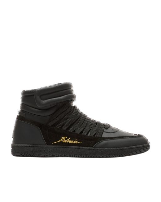 Balmain Black Leather Swan Mid-Top Lace-Up Trainers for men