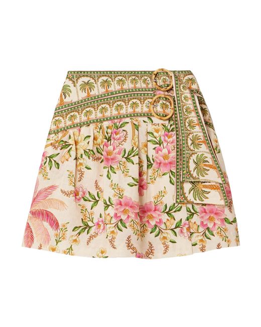 Farm Rio Natural Belted Wrap-Effect Pleated Floral-Print Linen Mini Skirt