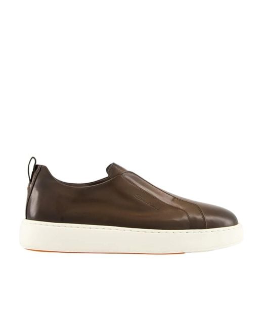 Santoni Brown Round Toe Slip-On Sneakers for men