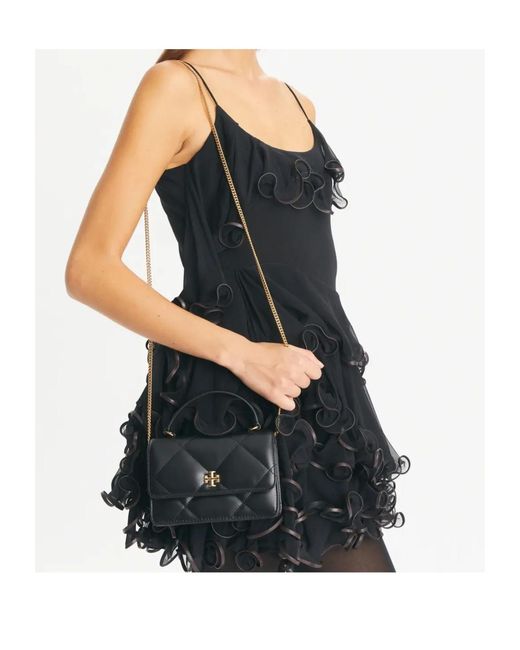 Tory Burch Black Mini Kira Diamond Quilt Top-Handle Chain Wallet