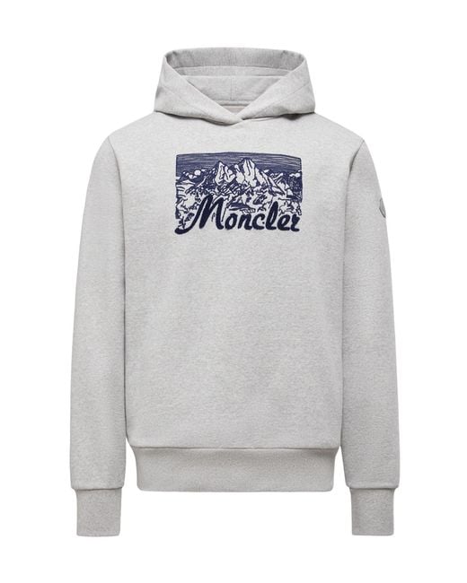 Moncler Gray Embroidered Mountain Logo Cotton Hoodie for men