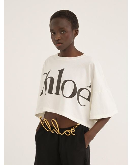 Chloé White Chloé Logo Printed Crewneck Cropped T-Shirt