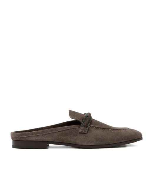 Brunello Cucinelli Brown Beaded-Embellished Suede Mules