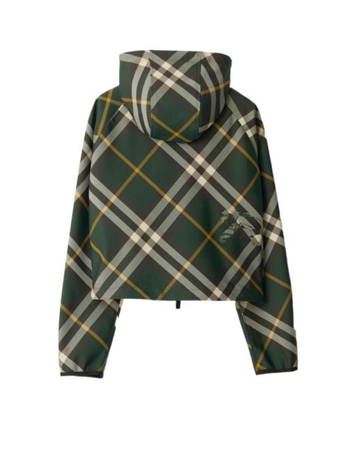 Burberry Green Check-Pattern Zip-Up Hooded Cropped Jacket