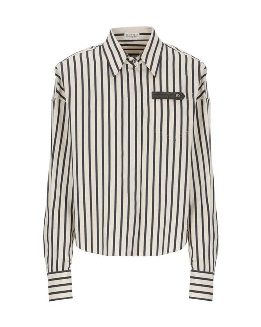 Brunello Cucinelli White Striped Long-Sleeved Shirt