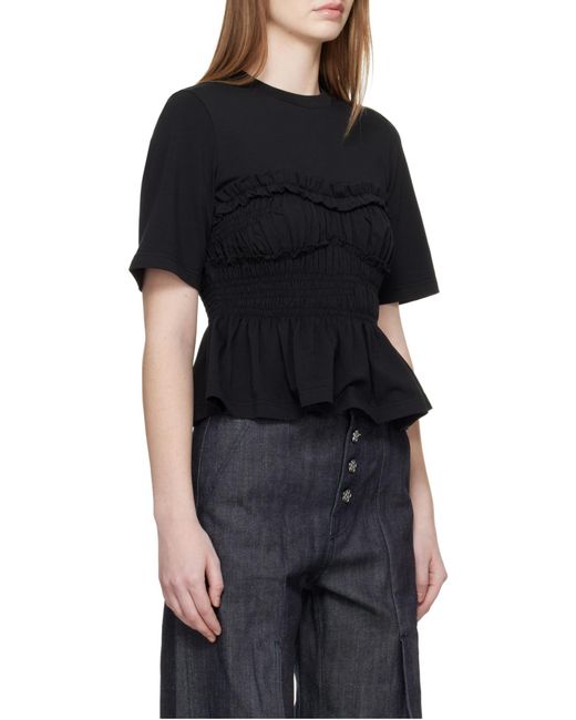 CECILIE BAHNSEN Black Vilde Smocked Peplum T-Shirt