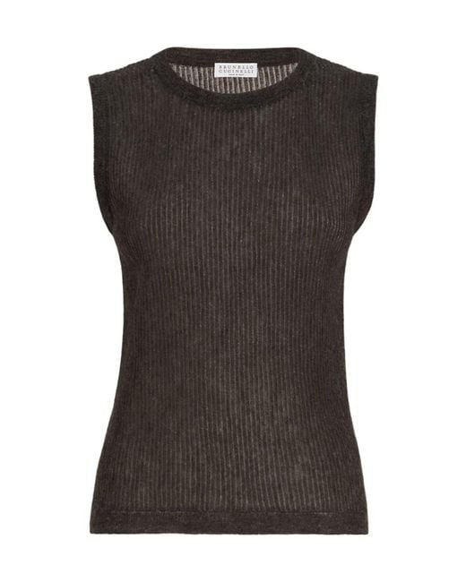 Brunello Cucinelli Black Sparkling Silk, Alpaca And Wool Rib-Knit Top