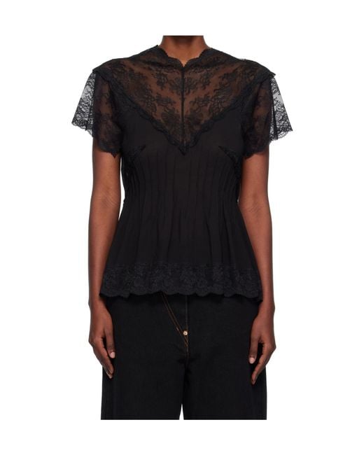 Pushbutton Black Lace-Trimmed Top