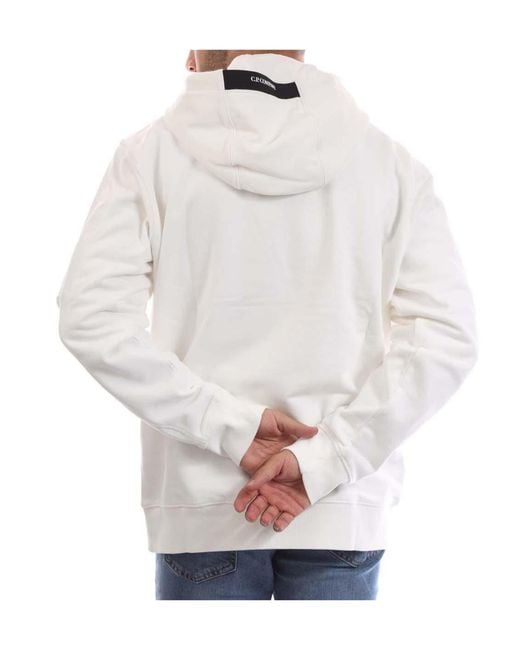 C P Company White Diagonal Raised Fleece Lens Hoodie for men