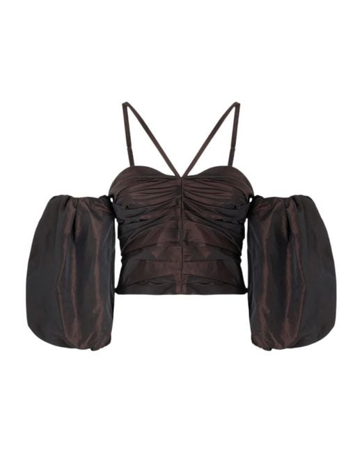Pinko Black Crop Top With Puff Sleeves
