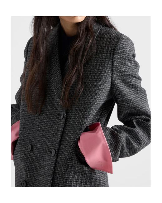 Prada Black Double-Breasted Gingham-Checked Mouliné Wool Coat