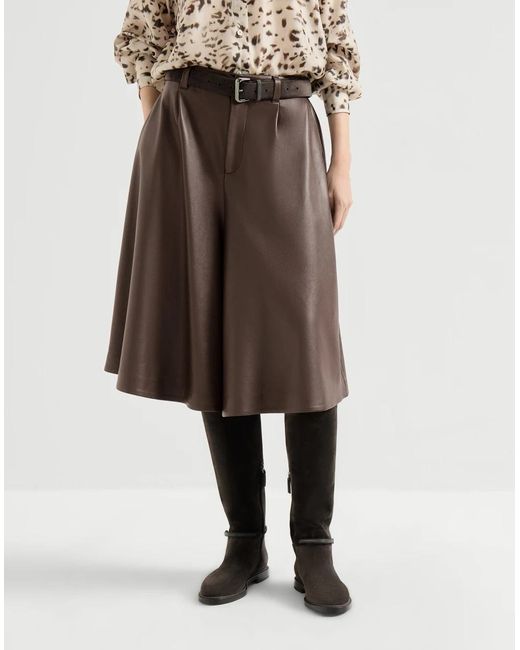 Brunello Cucinelli Brown Nappa-Leather Wide Bermuda Shorts With Monili